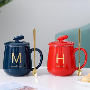 字母姓氏陶瓷杯子带盖勺家用马克茶水杯简约办公室咖啡杯 创意个性