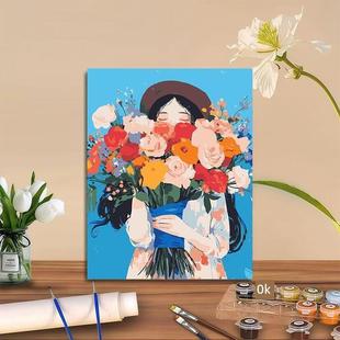 花束女孩DIY数字油画0基本填充手绘丙烯油画墙装饰画