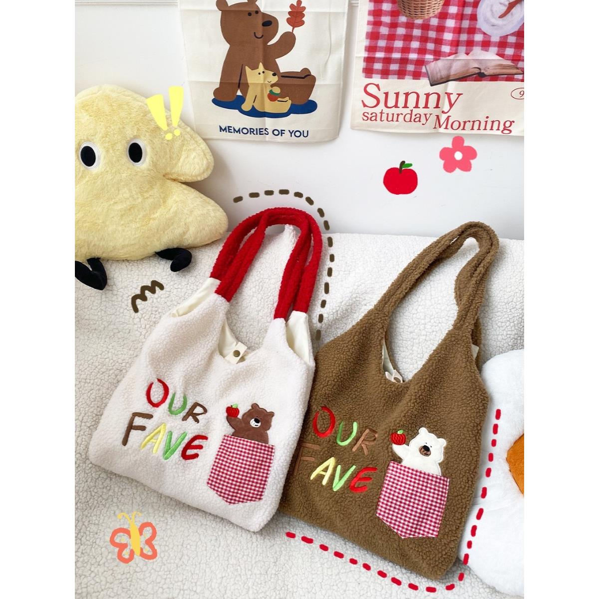 2025秋冬新款填充背心袋大容量羊毛线手提袋卡通刺绣可爱的女肩袋