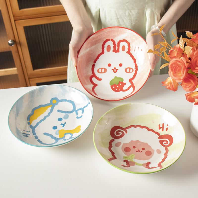 陶瓷餐具碗碟套装网红卡通盘子创意日式菜盘圆盘家用可爱圆形饭盘