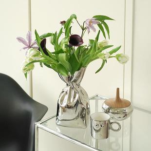 ladylike创意轻奢银色花瓶陶瓷ins风客厅干花插花装 饰餐桌摆件