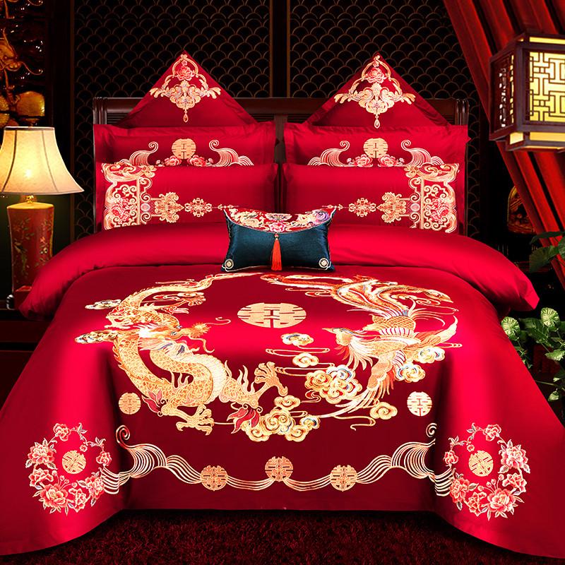 x70t被龙凤刺绣被套新婚绣花喜婚庆四件套大红床品结婚喜庆六八十