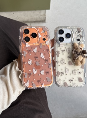 圆边双层奶咖色蝴蝶结立体兔子适用苹果17promaax手机壳iPhone16全包15透明气囊防摔14可爱2025新款秋冬爆款