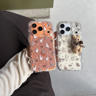 圆边双层奶咖色蝴蝶结立体兔子适用苹果17promaax手机壳iPhone16全包15透明气囊防摔14可爱2025新款秋冬爆款