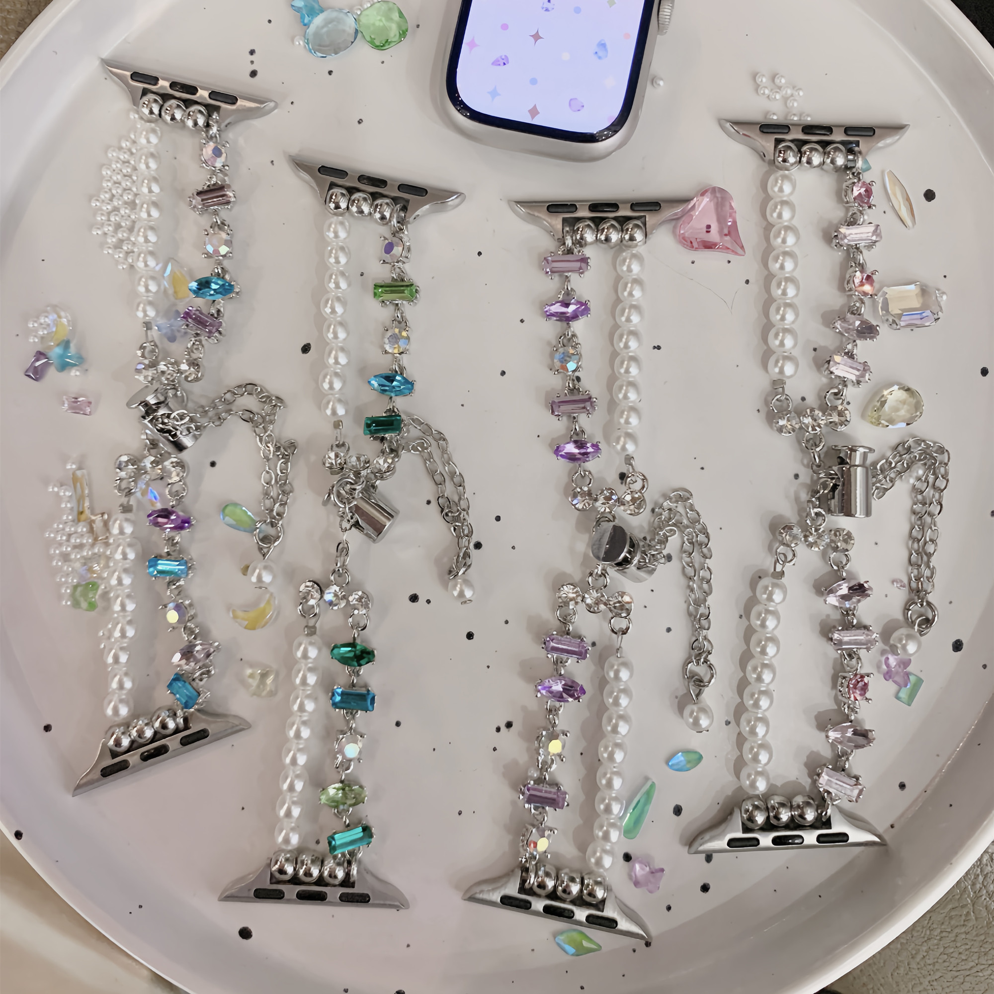 蛮舟适用苹果iwatch s9手表带华子钻珍珠手链串珠s8/7/6代夏天透气新女款applewatch5/4马卡龙se多巴胺41mm45