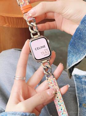 蛮舟适用iwatch苹果手表表带s9新款applewatch87654代se手表带金属牛仔链拼皮真皮简约ultra女男款夏天小香风