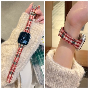 7格纹秋冬46男女新年SE10高级ultra 威圣诞系列毛呢拼皮手表带适用iwatchS11智能手表替换带42mm苹果手表