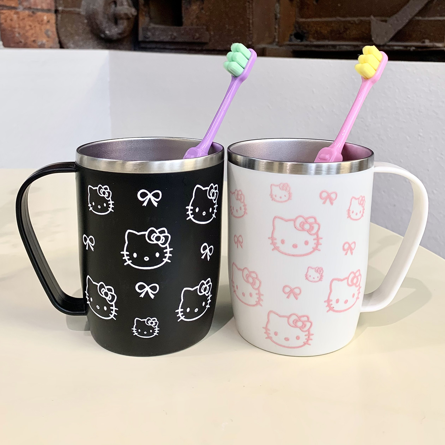 日系漱口杯手柄不锈钢可爱kitty儿童洗漱杯防霉抑菌学生宿舍牙杯