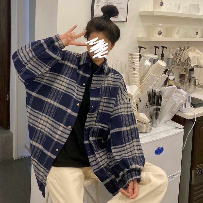 2025新款秋冬季200斤大码女装胖mm秋冬磨毛格子衬衫加厚外套衬衣