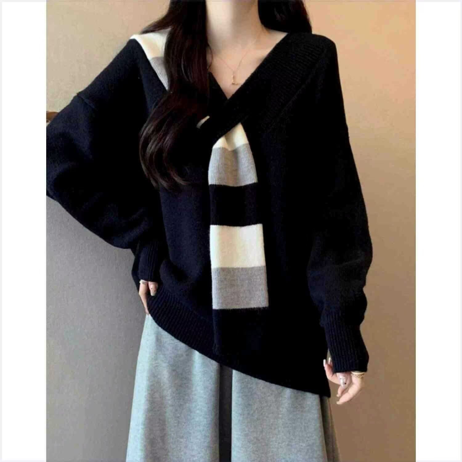黑色V领围巾拼接毛衣女秋冬宽松休闲显瘦慵懒风针织衫别致上衣女