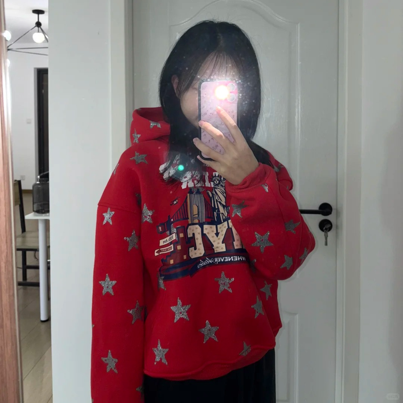 长款卫衣女装2025新款秋冬季少女云朵绒复合薄款加绒口袋连体印花