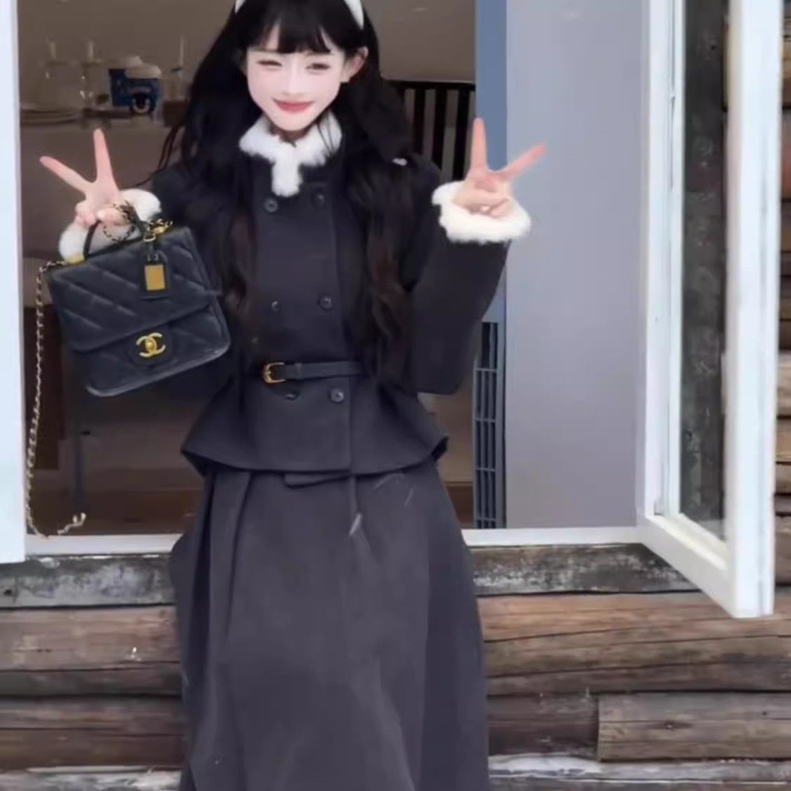 韩系气质小香风千金感毛领双排扣外套女秋冬季高腰百褶半身裙套装