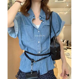 纯色百搭少女短袖 韩版 上衣开衫 牛仔衬衫 夏季 显瘦遮肉显白女装 新款