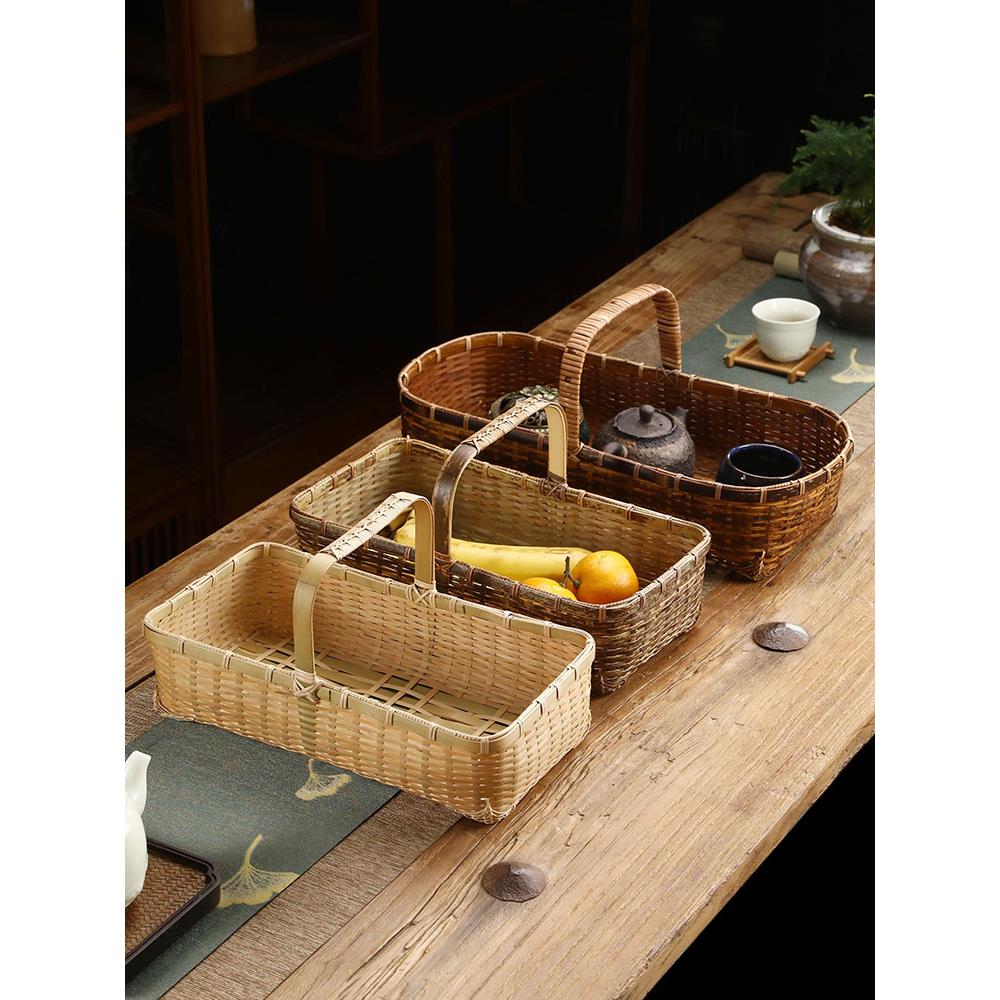 竹编提篮古风大漆茶点篮复古手提篮竹篮子便携野餐篮水果篮收纳筐