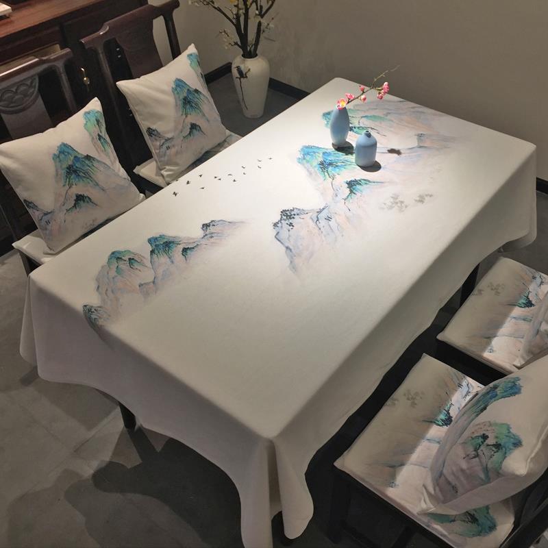 桌布新中式古风山水画禅意桌布棉麻茶室棉麻长方形桌布茶几盖布