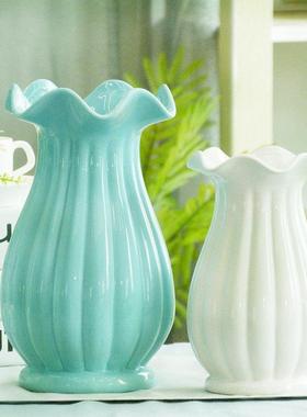 插百合花瓶荷叶边白色蓝色陶瓷摆饰创意干 干燥花水培水培花器客