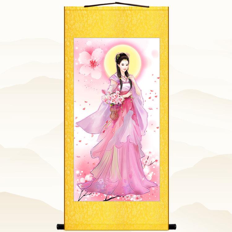 桃花仙子画像 仙女人物画中式复古装饰画绢布卷轴挂画 可来图定制图片