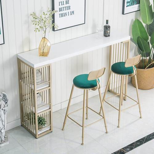 北欧金色实木吧台桌 家用靠墙长条吧台桌椅奶茶店铁艺吧台桌子