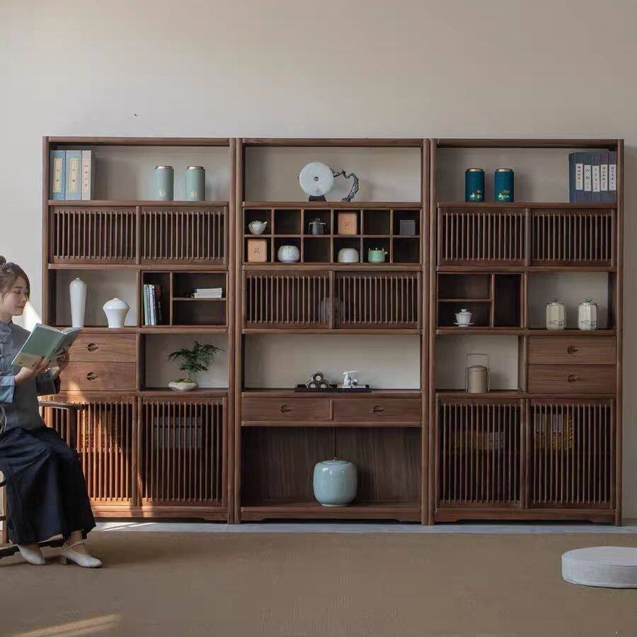 新中式老榆木博古架书架茶叶茶具实木展示架茶室茶架子多宝阁古风