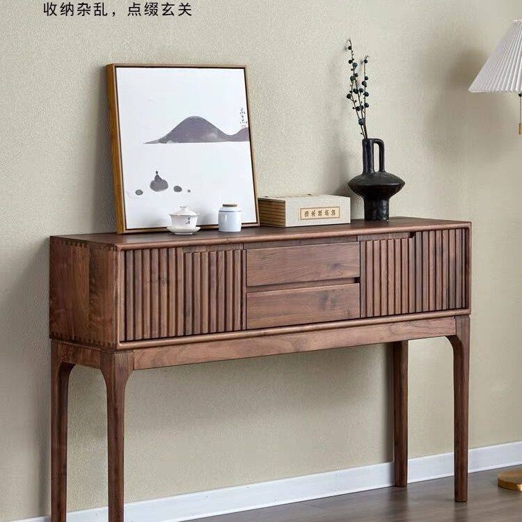 北欧胡桃色玄关实木桌台案简约长条柜新中式门厅过道供桌边