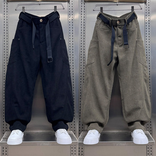 条绒直筒弯刀裤 加绒潮牌个性 2025秋冬新款 男士 腰带设计拼接休闲裤