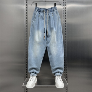 休闲老爹裤 宽松痞帅小脚哈伦裤 潮 男美式 24秋冬加绒复古水洗牛仔裤