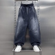 男宽松百搭弯刀阔腿休闲长裤 潮牌泼墨印花牛仔裤 美式 2025春夏新款