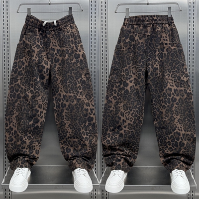 豹纹印花设计潮流弯刀裤网红宽松