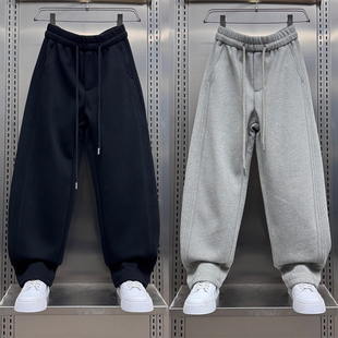 2025冬季加绒灰色松紧腰抽绳直筒长裤宽松垂感运动卫裤休闲裤子男
