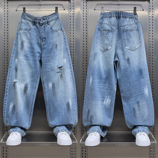 男 男宽松直筒阔腿弯刀长裤 2026夏季 街头休闲风泼墨涂鸦破洞牛仔裤