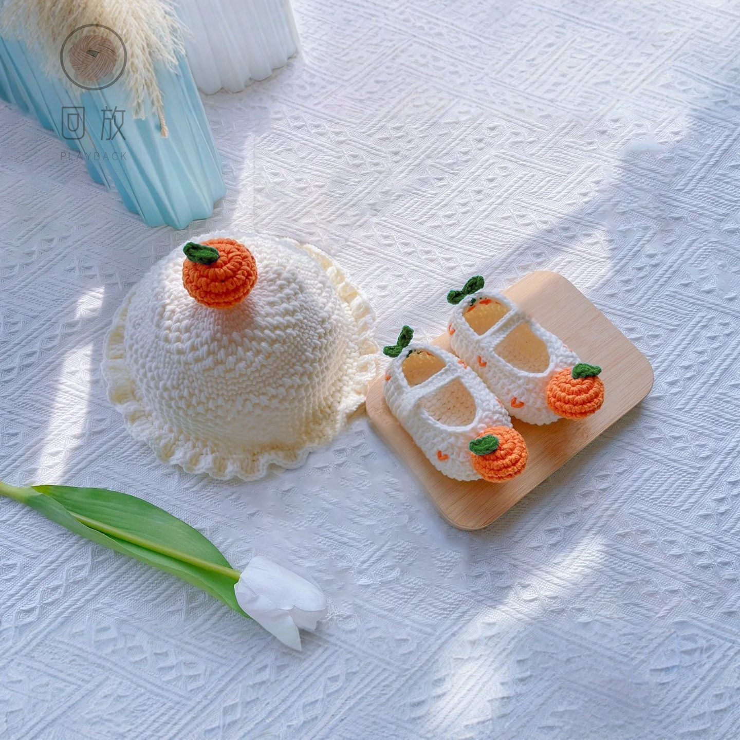 回放钩针毛线diy宝宝橘子鞋子帽子材料包手工勾编织婴儿鞋帽套装