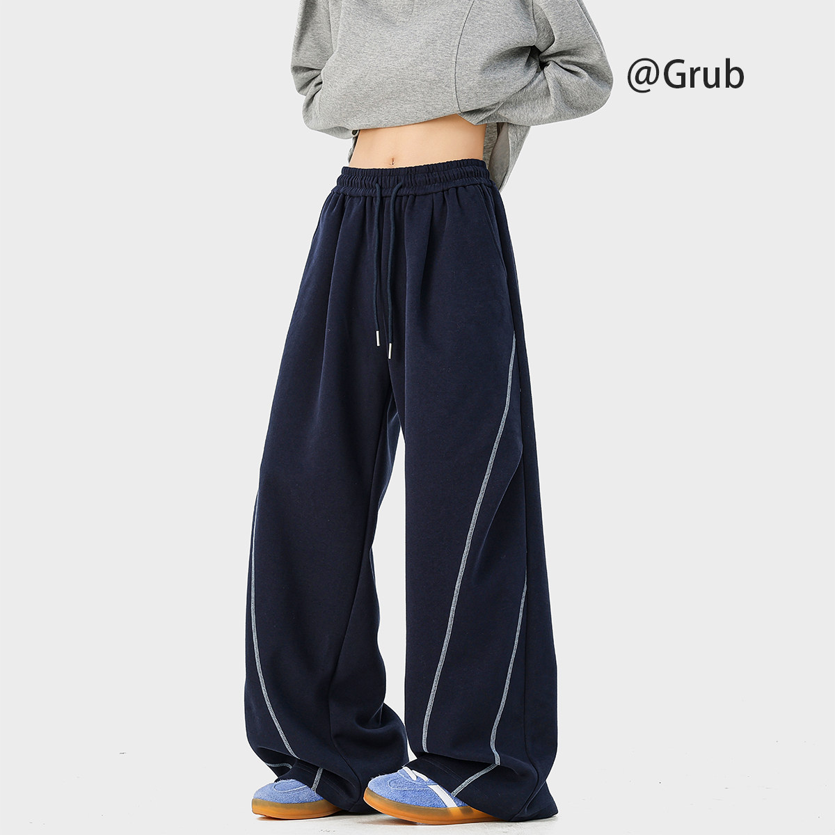 thumbnail for American heavy hand-stitched sweatpants for men and women, summer retro design sports trousers, trendy brand loose floor-length pants