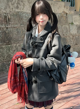 灰色牛角扣大衣jk女秋冬夹棉加厚学院风小个子连帽外套学生呢大衣