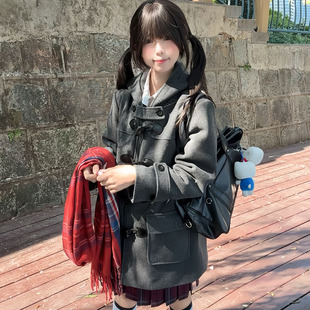 灰色牛角扣大衣jk女秋冬夹棉加厚学院风小个子连帽外套学生呢大衣