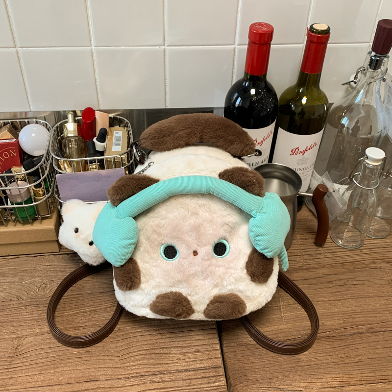 暹罗耳机毛绒可爱猫咪双肩包包女2026新款百搭韩系少女通勤小背包