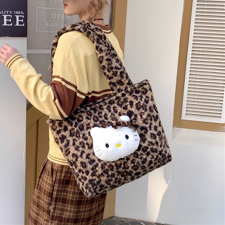 卡通豹纹毛绒HelloKitty托特包