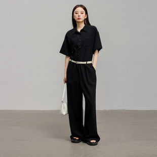 AIRIQI奥莱女装休闲连体裤时尚显瘦简约亚麻短袖连体裤AX42LK284