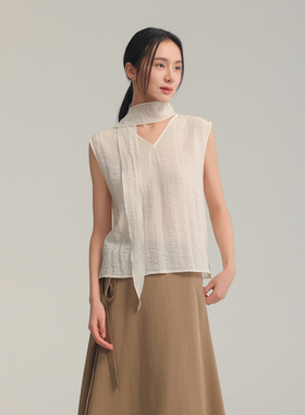 AIRIQI奥莱女装无袖飘带衬衫都市通勤极简老钱风衬衫AZ42XS661