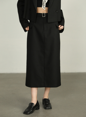 AIRIQI奥莱女装高腰半身裙时尚显瘦黑色前开叉半裙BR41BQ125