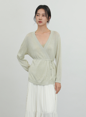 AIRIQI奥莱女装亚麻开衫都市百搭毛织系带中长款开衫AH42KS329