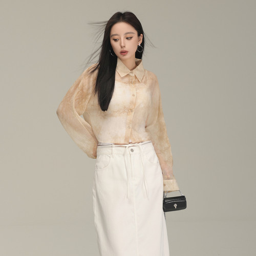 AIRIQI奥莱女装晕染衬衫时尚百搭宽松气质短款上衣AX42CS702