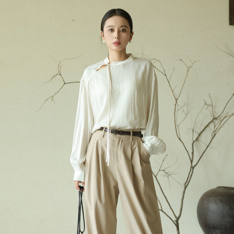 AIRIQI奥莱女装新中式立领衬衫都市复古设计感极简小衫AZ43XS412