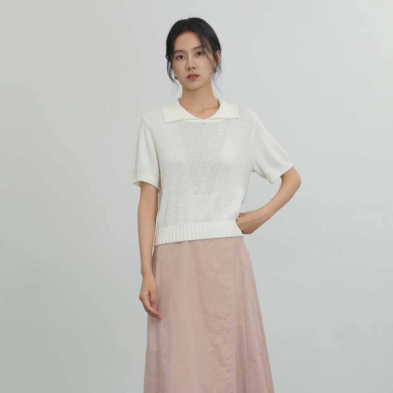 AIRIQI奥莱女装POLO领针织衫都市极简法式短袖毛织上衣AH42MS140