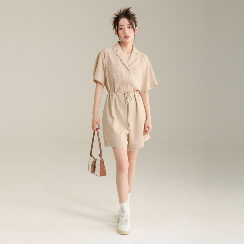 AIRIQI奥莱女装连体裤时尚复古工装美式短款亚麻连体裤AY32LK440