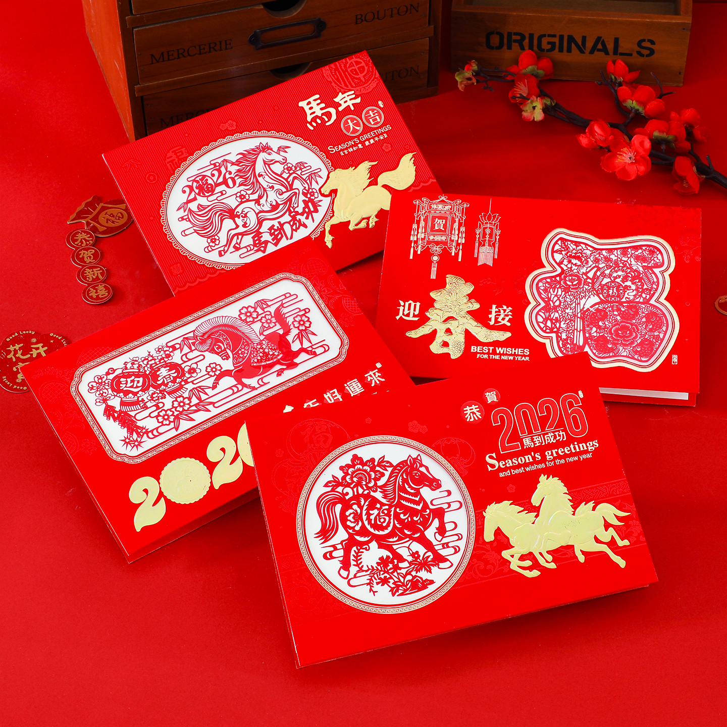 2026年马年烫金新年贺卡高档定制中国风元旦节日祝福生肖卡片
