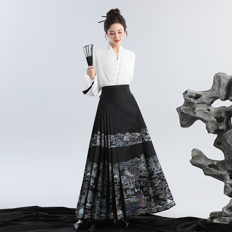 无衣饮羽【上河图景】彩螺织金国风汉服马面裙织金春夏日常纱缎