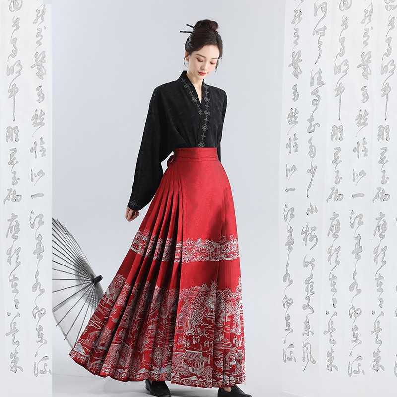 无衣饮羽【上河图景】彩螺织金春夏马面裙汉服套装飞机袖2024新款