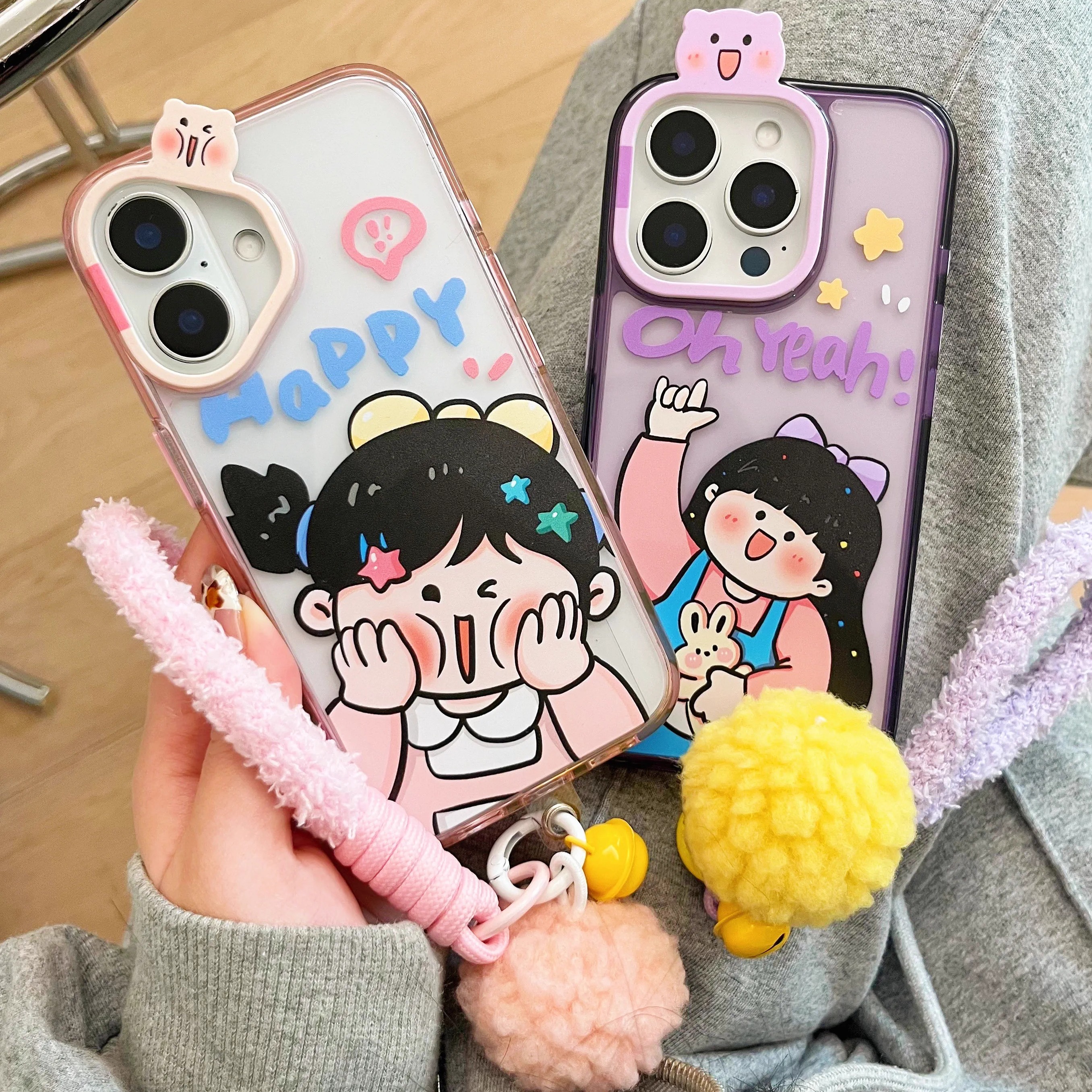 原创卡通捏脸女孩16promax手机壳15promax适用苹果15pro新款iphone14pro带毛绒挂件16立体镜头15不会撞13小众