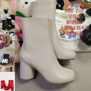 tabi分趾鞋矮靴显瘦猪蹄m6高定粗跟高跟小众女靴全真皮踝靴ma吉拉