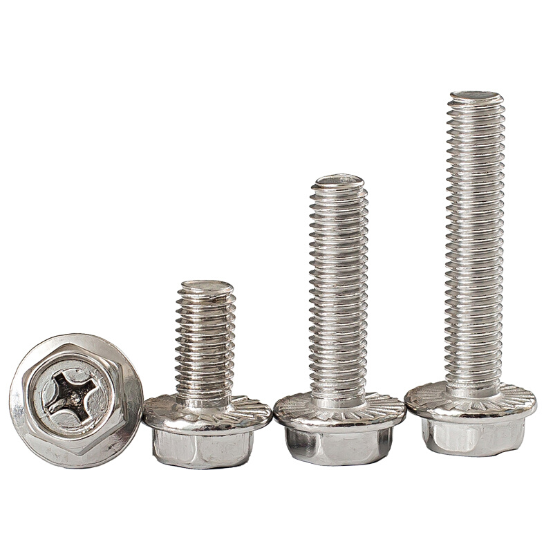 。M4M5M6M8mm 304不锈钢十字法兰螺丝外六角法兰面螺栓防松防滑螺